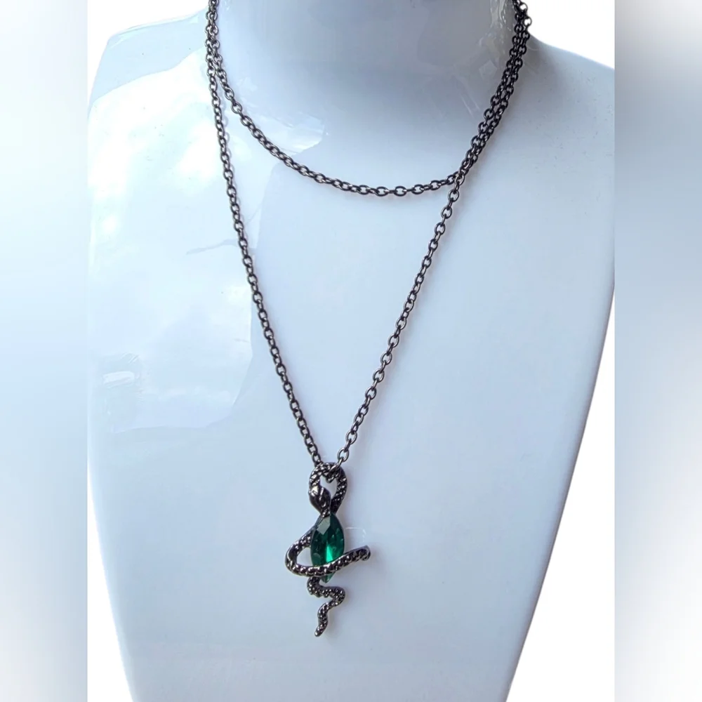 Stainless Steel Snake Pendant with Green Cubic Zirconia - Picture 2 of 3